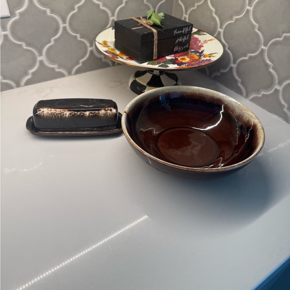 Brown Ceramic Bowl and Butter Dish Set